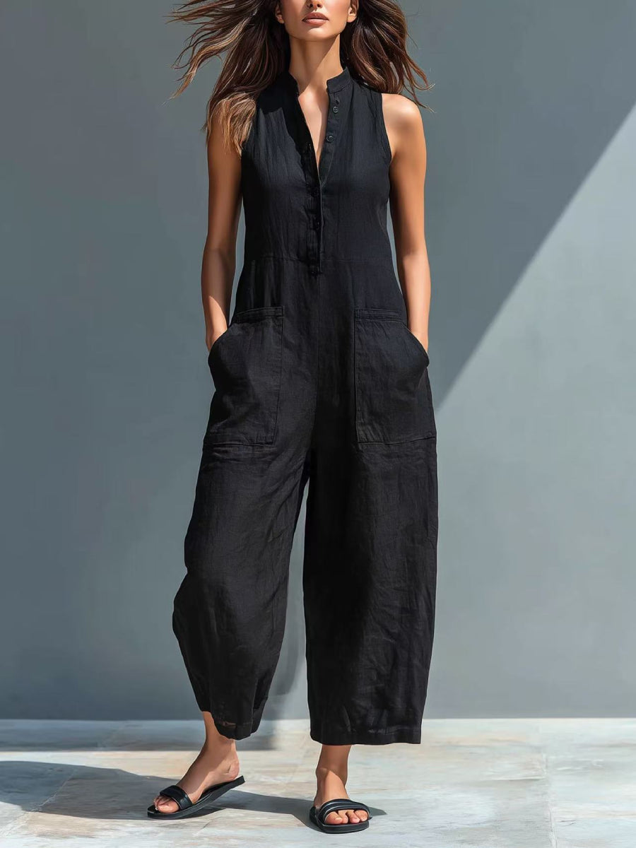 Minimalist Solid Black Pocket Detail Sleeveless Half Placket Linen Wide Leg Jumpsuit