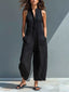 Minimalist Solid Black Pocket Detail Sleeveless Half Placket Linen Wide Leg Jumpsuit