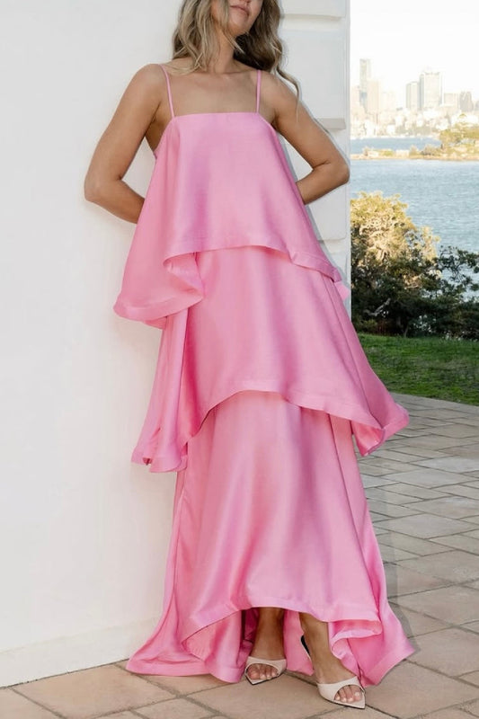 Women's Hot Pink Tiered Satin Maxi Dress - Spaghetti Strap Square Neck Flowy Ruffle Gown for Wedding Guest & Summer Events
