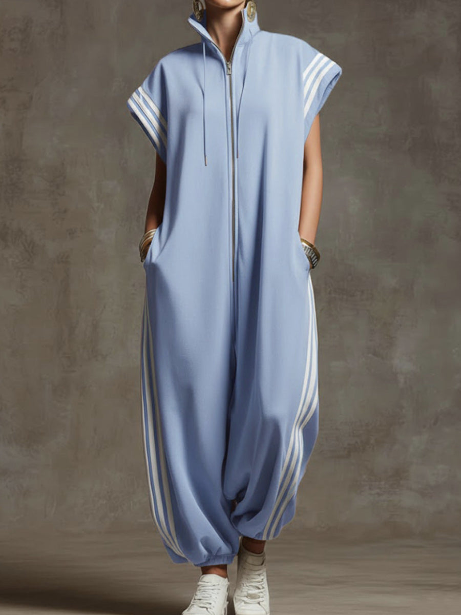 Three Stripe Sleeveless Zip Up Oversized Jogger Jumpsuit