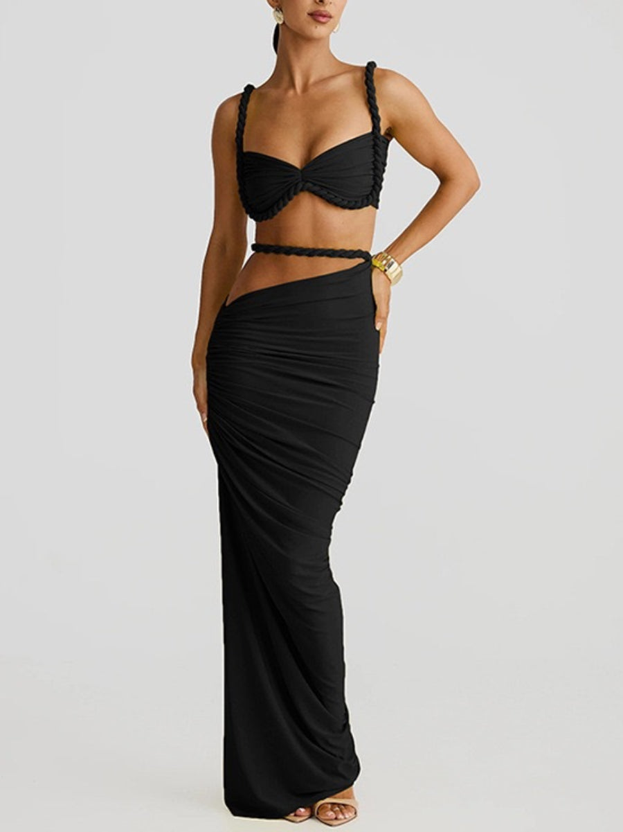 Women Braided Edge Spaghetti Strap Bustier Hollow Waist Bodycon Long Skirt Co Ord