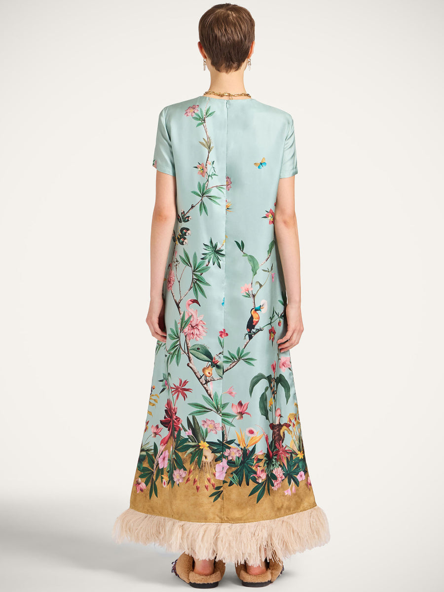 Mint Green Tropical Floral Bird Print Short Sleeve Straight Maxi Dress