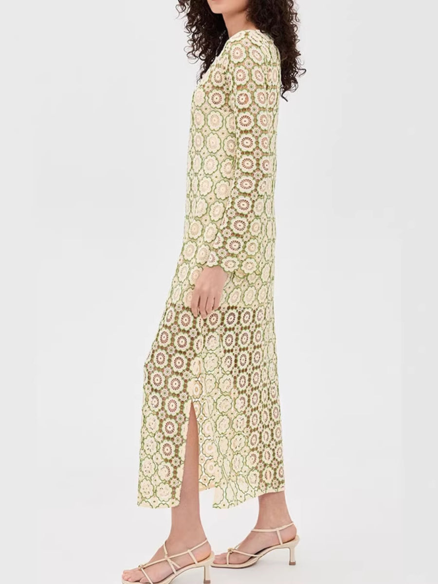 Cream Base Green Floral Circle Lace Long Sleeve Flare Cuff Midi Dress