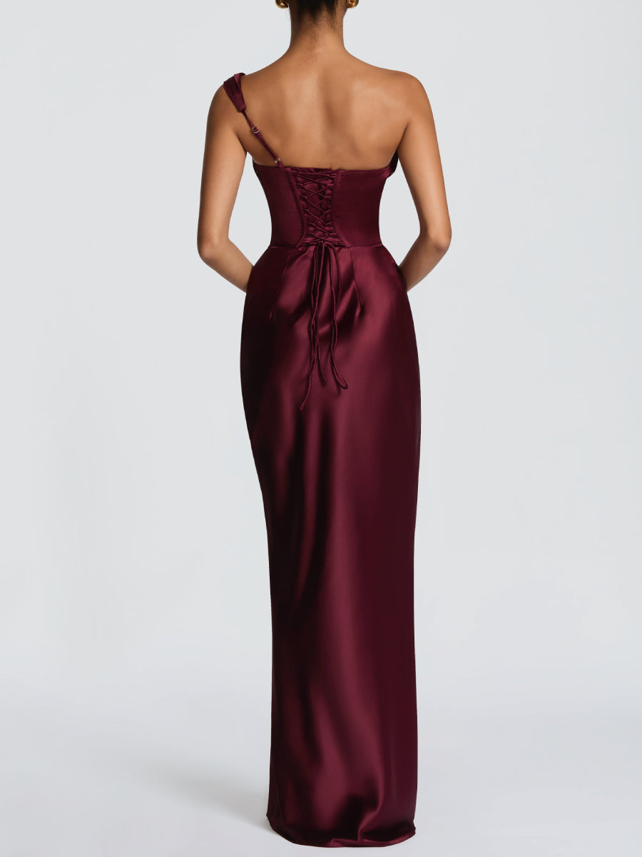 One Shoulder Cowl Neck Boned Corset Ruched Satin Mermaid Maxi  Dress