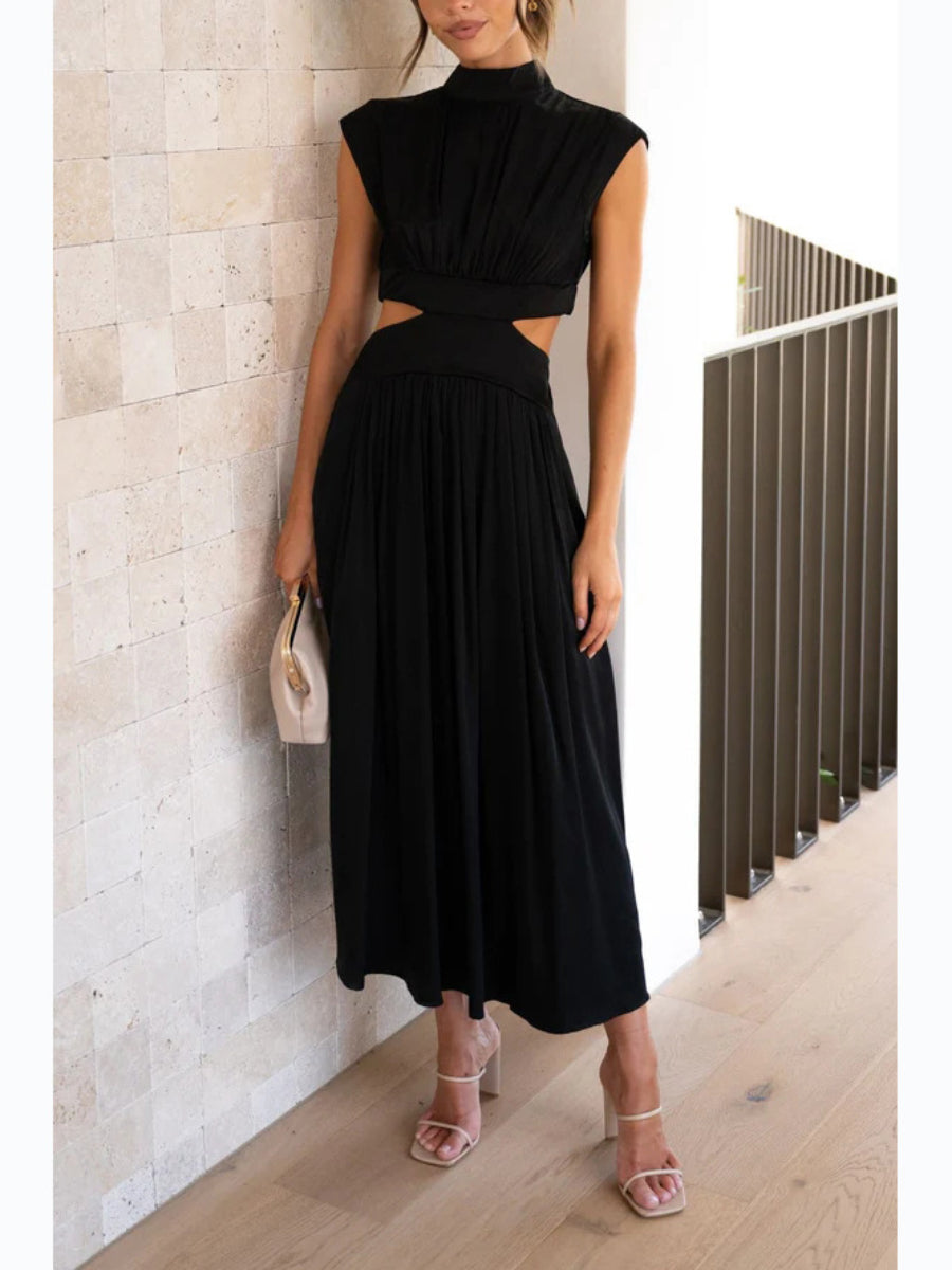 Satin High Neck Cap Sleeve Side Waist Cutout Pleated Midi Dress