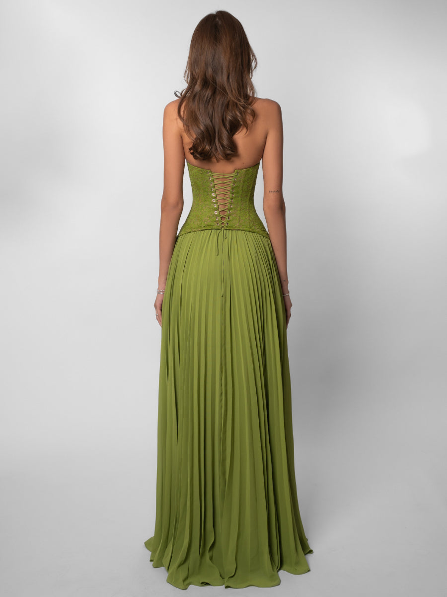 Elegant Lace Corset Bodice Pleated Chiffon Skirt Gala Maxi Dress for Wedding Guest & Red Carpet