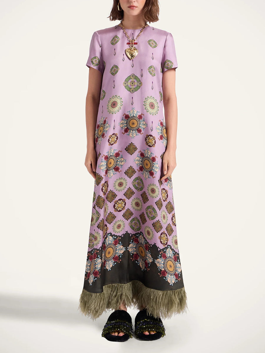 Lavender Vintage Mandala Floral Print Short Sleeve Midi Dress
