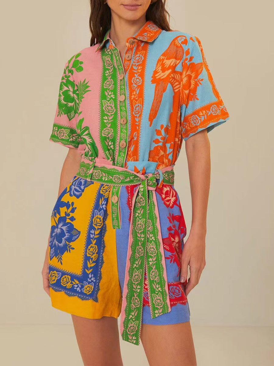 Colorful Patchwork Tropical Parrot Floral Print Belted Shirt Romper