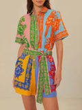 Colorful Patchwork Tropical Parrot Floral Print Belted Shirt Romper
