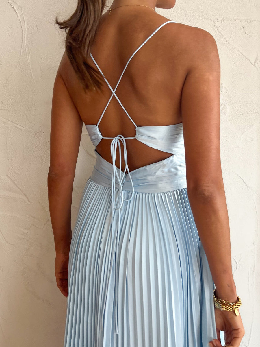 Satin Spaghetti Strap Deep V Twist Waist Pleated Maxi Dress
