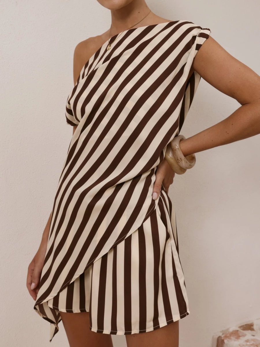 Brown White Vertical Stripe One Shoulder Wrap Two Piece Short Co-ord Set