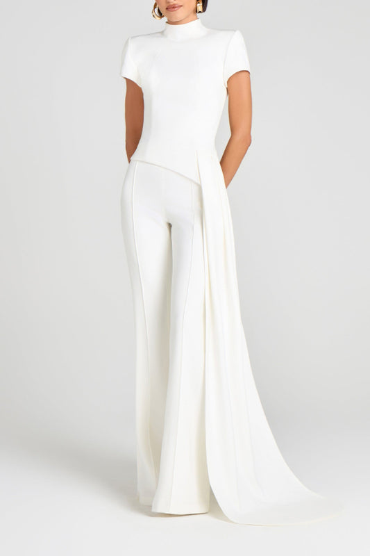 Women's White Mock Neck Short Sleeve Top & High Waist Drape Train Wide Leg Pants Set - 2 Piece Formal Wedding Guest Evening Outfit