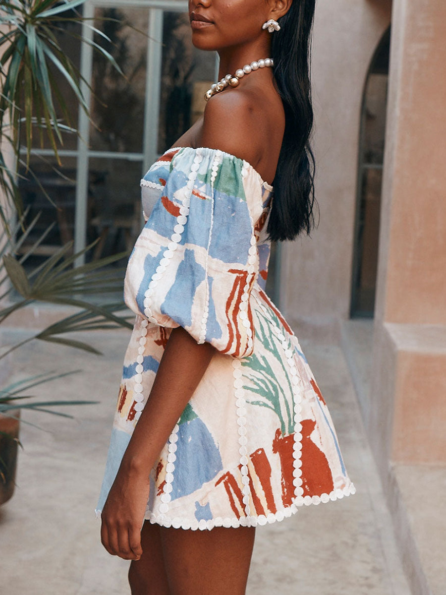 Colorful Scenic Print Off Shoulder A Line Mini Dress for Beach Holiday