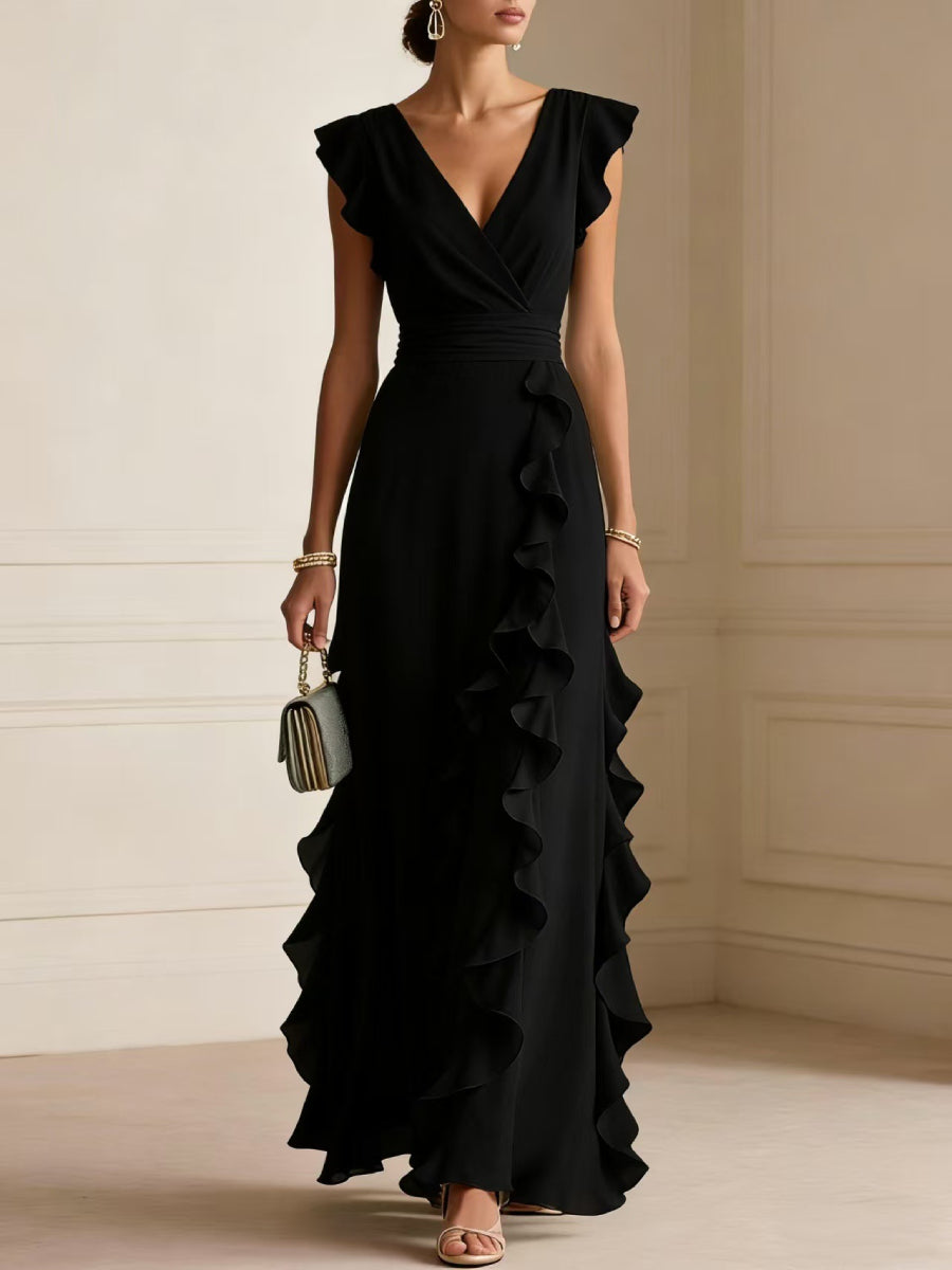 Chiffon Wrap V Neck Ruffle Cap Sleeve High Waist Side Ruffle Maxi Dress