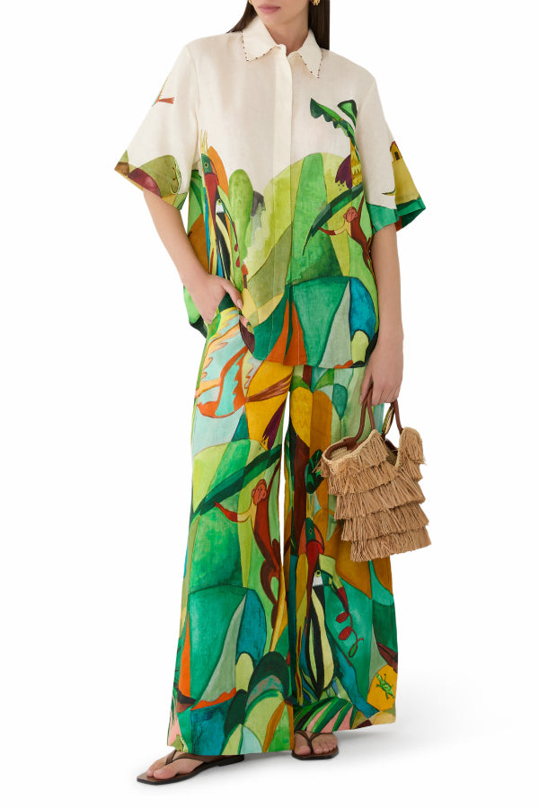 Women's Abstract Botanical Print 2-Piece Co-Ord Set - Oversized Shirt & Wide Leg Pants for Summer Beach Vacation