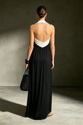 Cross Halter Neck Pleated Flowy Maxi Dress