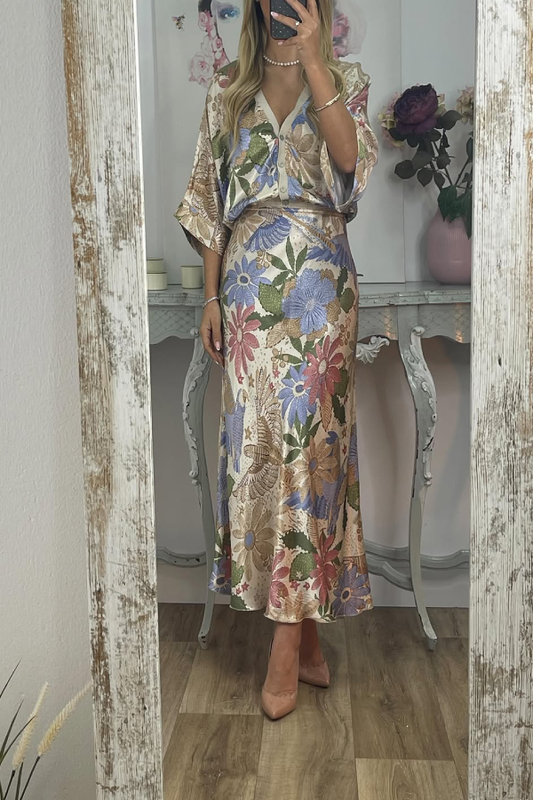 Exquisite Satin Floral Print Off-shoulder Shirt and Fishtail Skirt