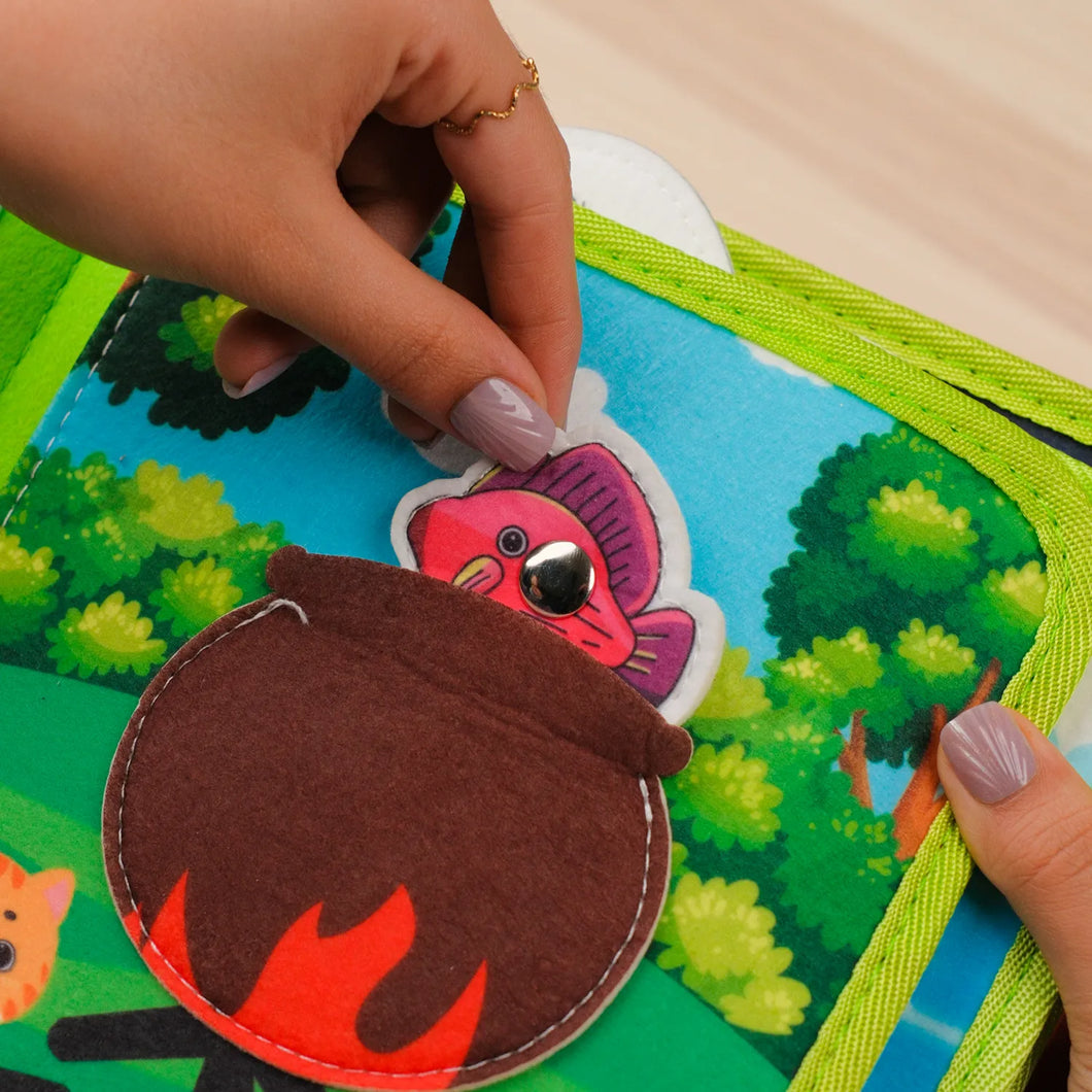 Forest Adventure Quiet Book — Magnetic Fishing, Butterfly Net & Hollow Log Hide & Seek