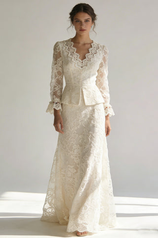 Women's Ivory Lace Two-Piece Wedding Dress Set - Long Sleeve Peplum Blazer & Maxi Skirt for Bridal Formal Occasion