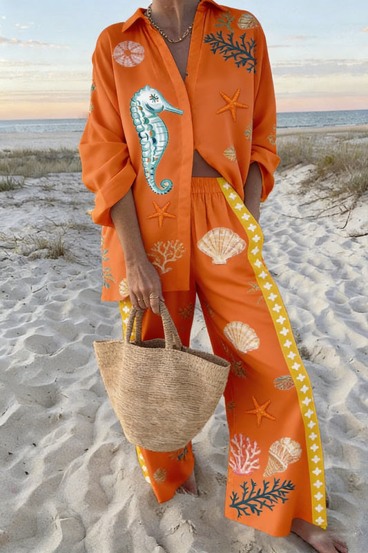Orange Beach Vacation Two-Piece Set: Loose Seahorse & Seashell Print Shirt and Wide-Leg Pants for Women