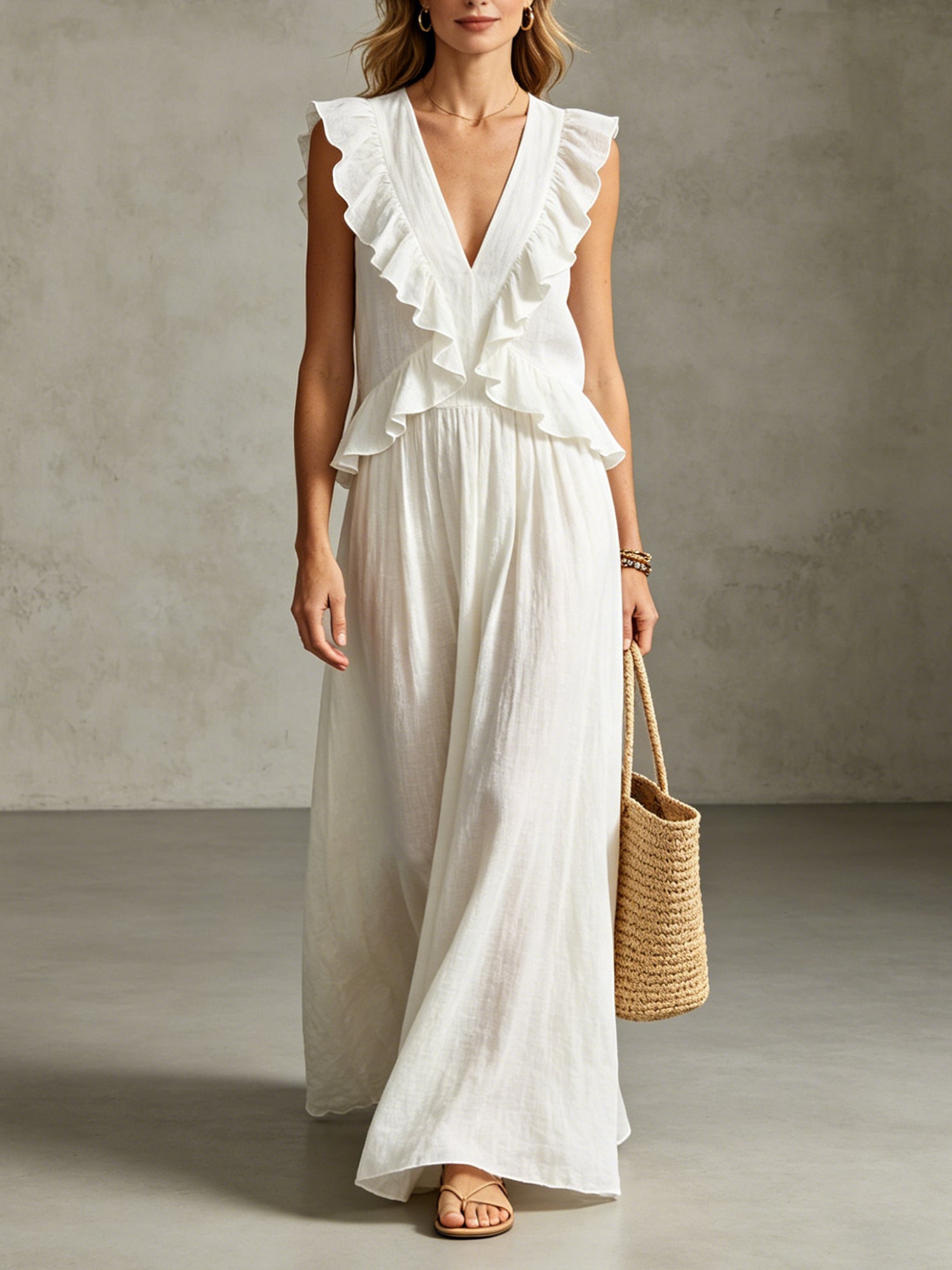 Women's Flowy Ruffle Trim Linen Maxi Dress for Summer Hauptbild