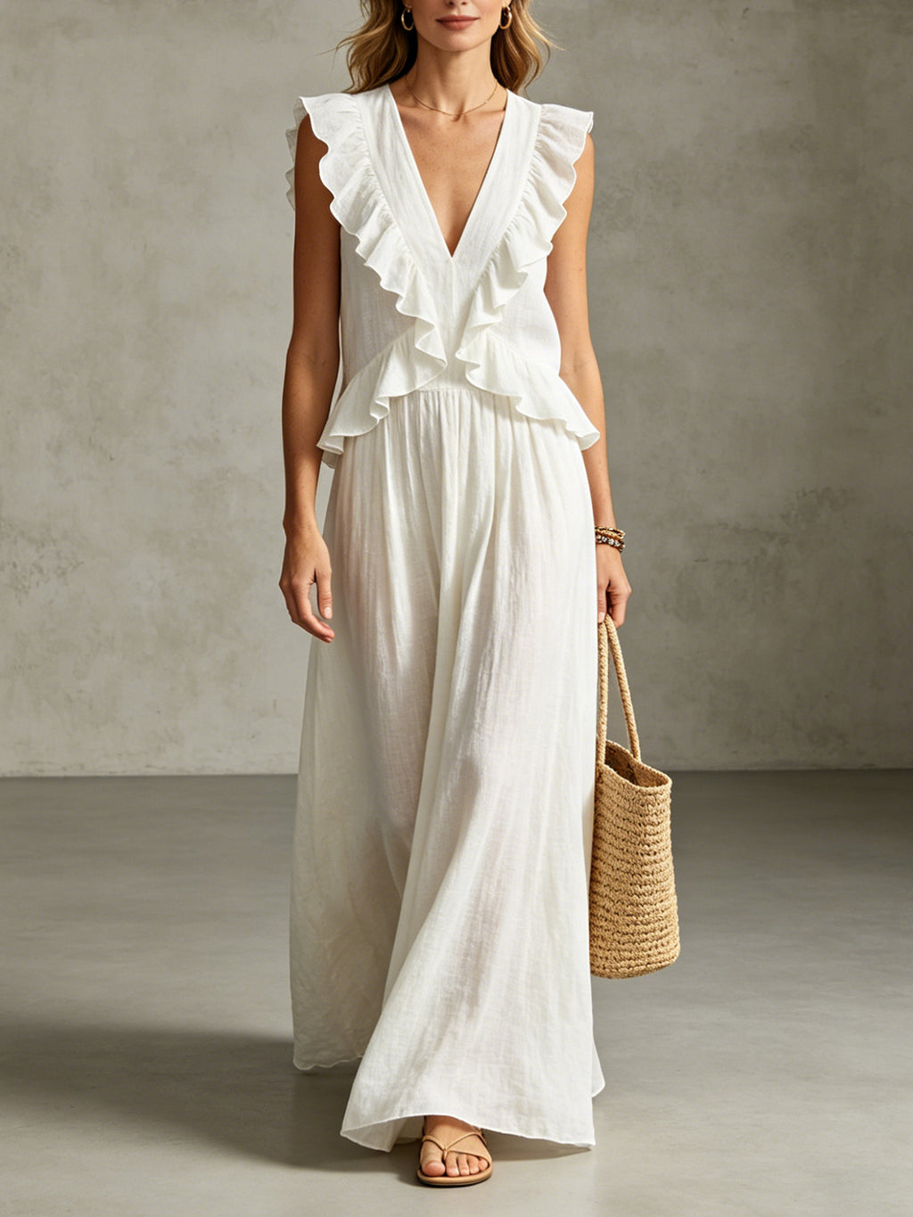 Women's Flowy Ruffle Trim Linen Maxi Dress for Summer