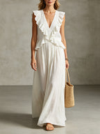 Women's Flowy Ruffle Trim Linen Maxi Dress for Summer