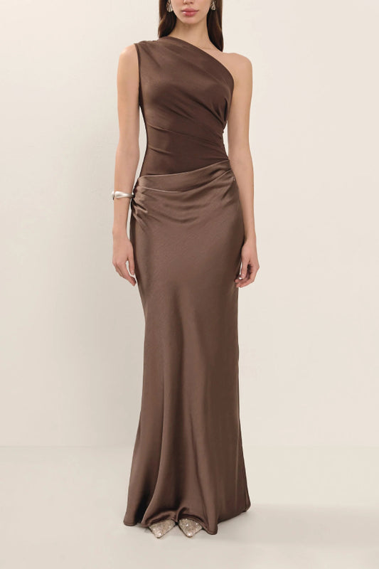 Women's Chocolate Brown One Shoulder Satin Maxi Dress - Ruched Waist Formal Gown for Evening Party & Wedding Guest