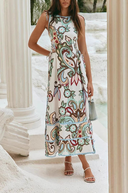 Women's White Paisley Floral Print Midi Dress - Sleeveless Lace-Up Side Scalloped Trim Boho Dress for Summer Vacation
