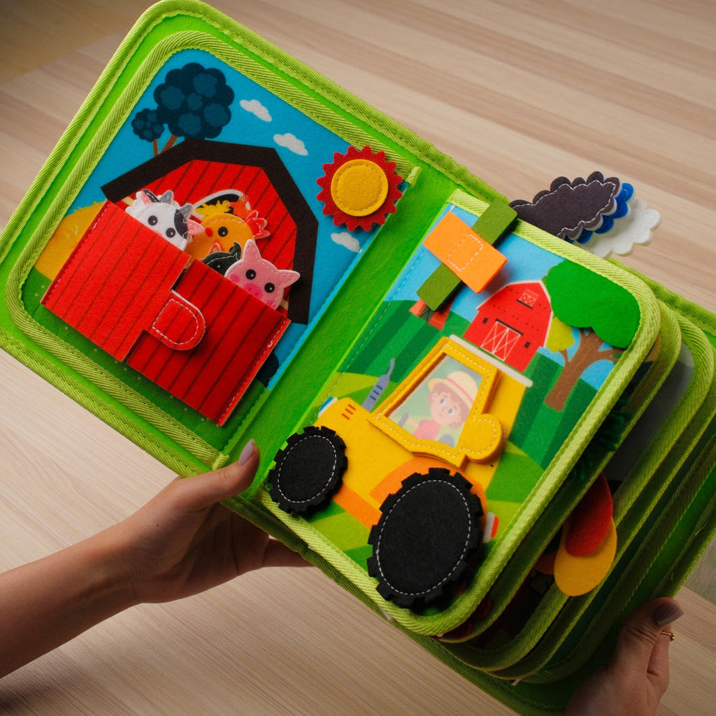 Farm Activity Quiet Book — Counting Bars, Hatching Eggs & Finger-Puppet Barn