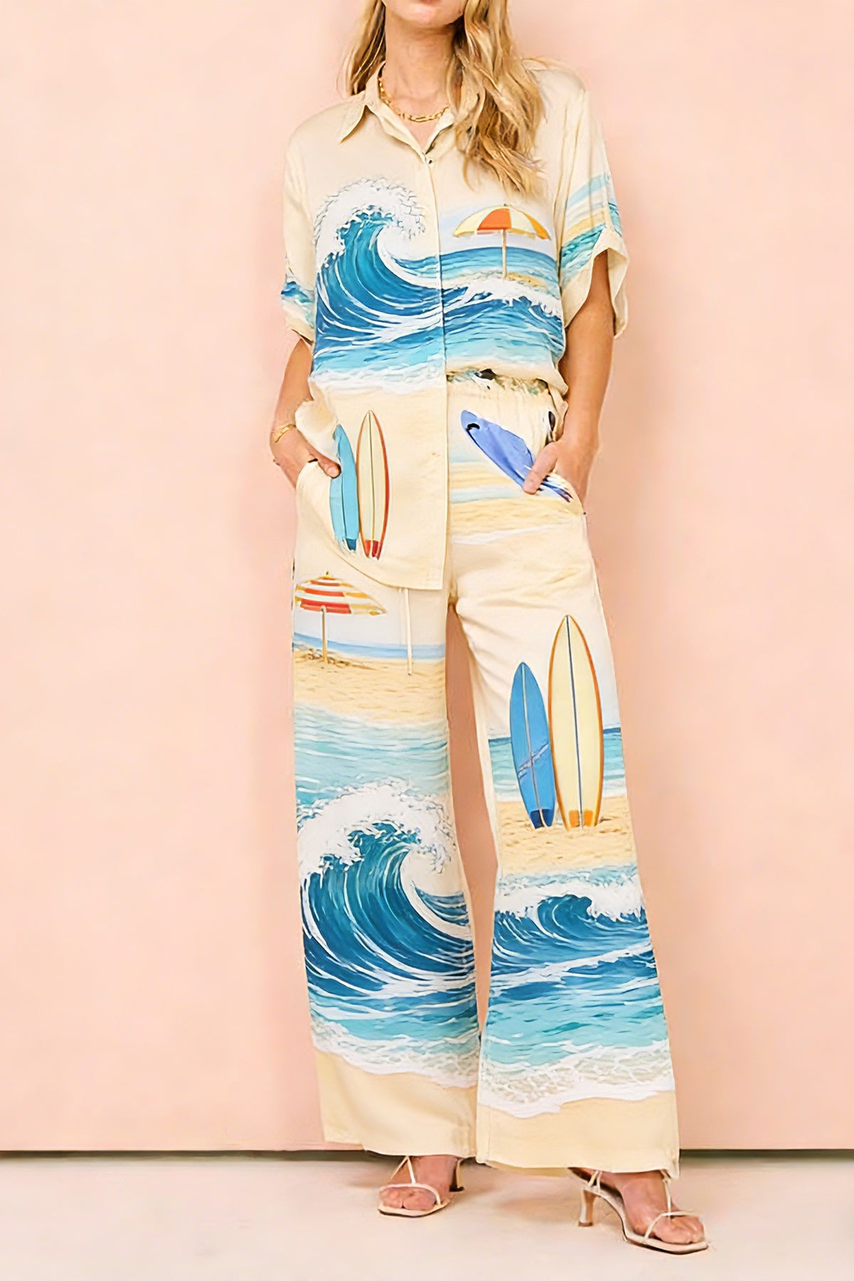 Women's Coastal Surf Print 2-Piece Co-Ord Set - Short Sleeve Shirt & Wide Leg Pants for Summer Beach Vacation Casual Wear