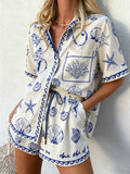 Off White Blue Seashell Starfish Wave Print Shirt Short Two Piece Matching Co-ord Set