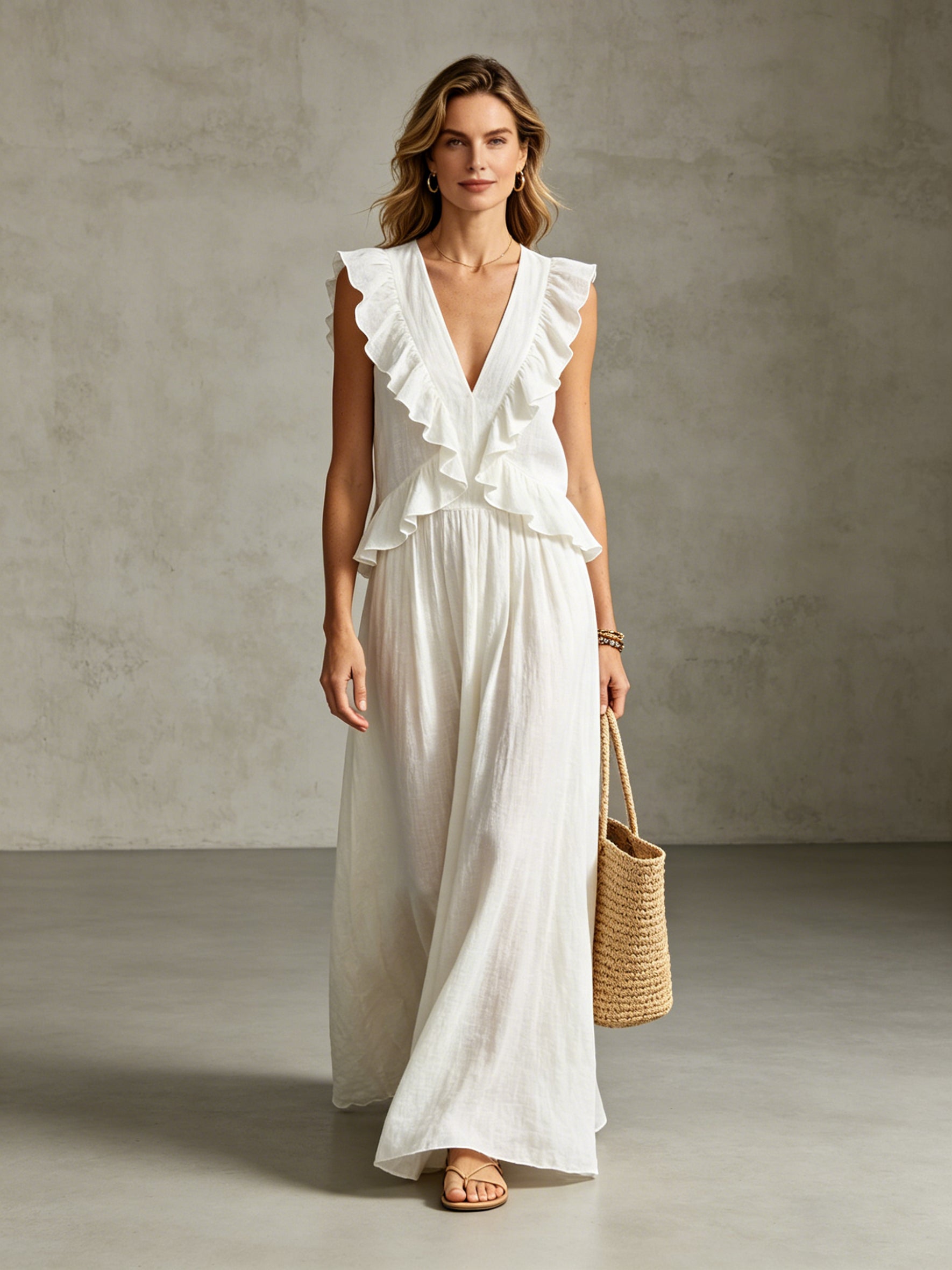 Women's Flowy Ruffle Trim Linen Maxi Dress for Summer Zweitbild
