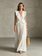 Women's Flowy Ruffle Trim Linen Maxi Dress for Summer