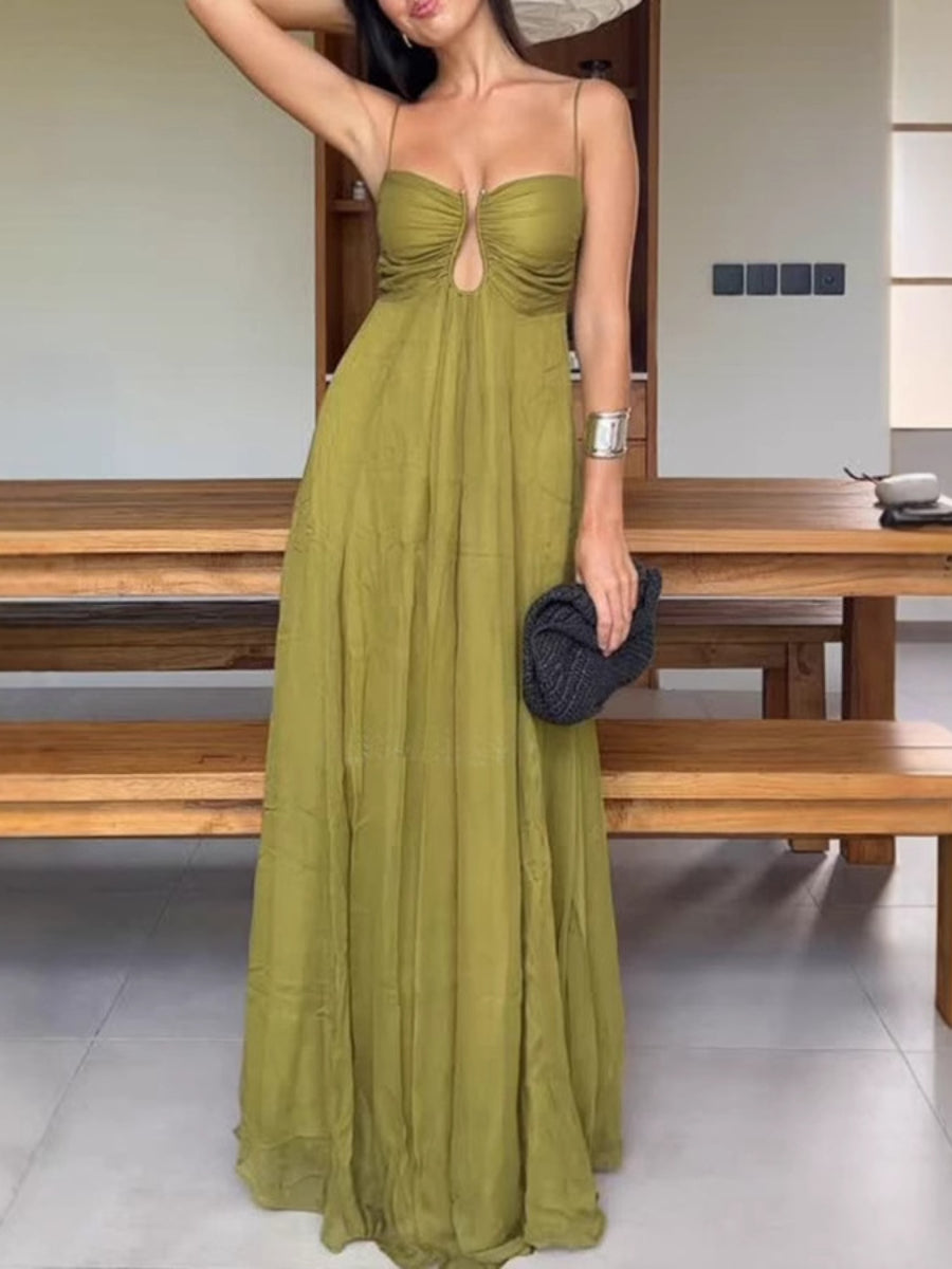 Olive Green Thin Strap Keyhole Cutout Ruched Bust Flowy Chiffon Maxi Dress