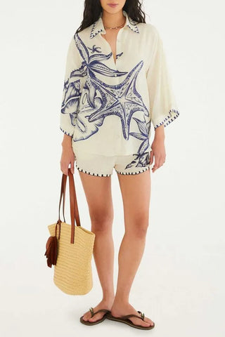 Women's Cream Blue Starfish & Seashell Print Linen 2-Piece Short Set - Button Up Shirt & High Waisted Shorts for Summer Beach Vacation