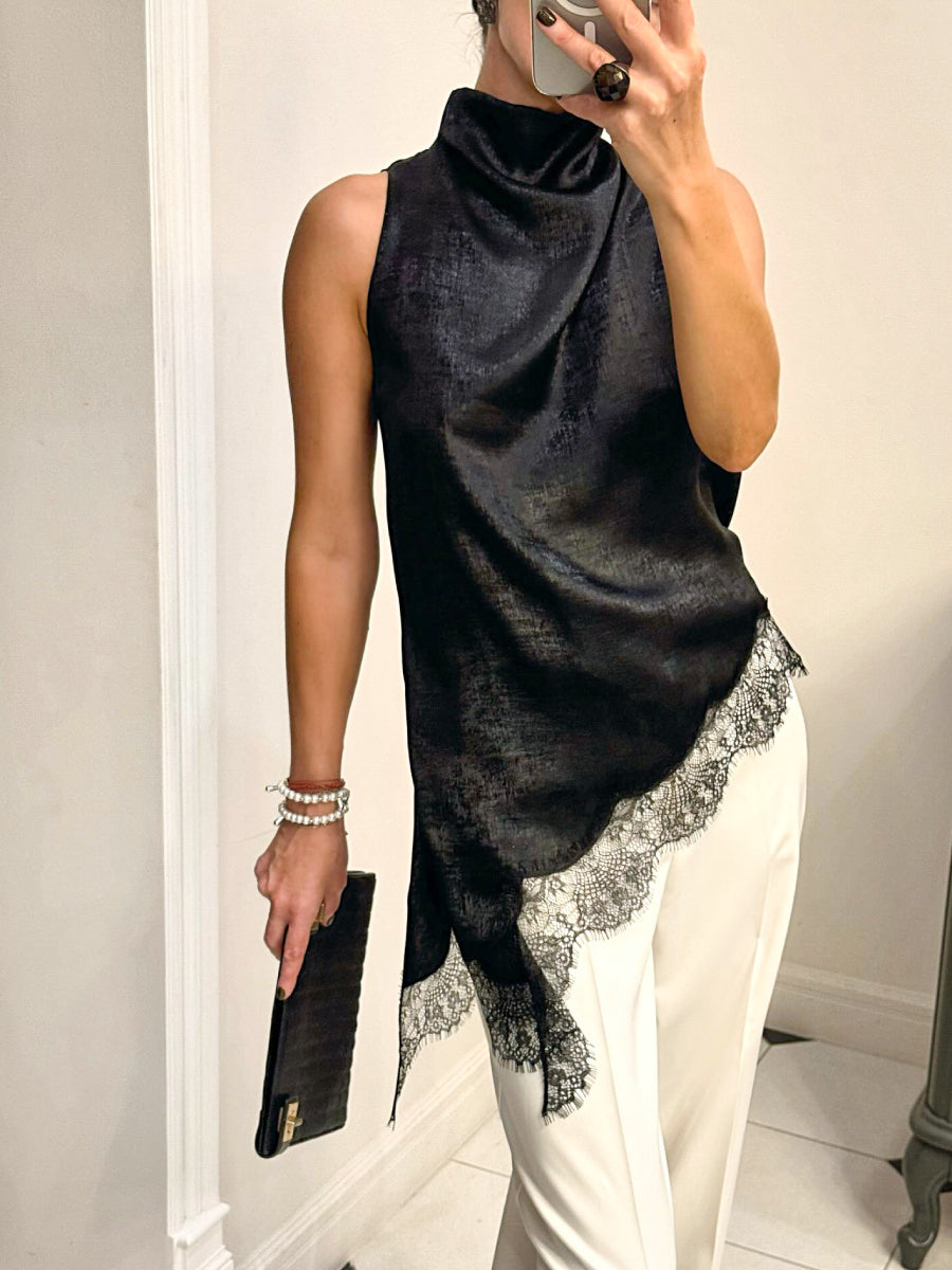 Draped Cowl Neck Sleeveless Asymmetric Hem Shiny Satin Blouse Secondary image