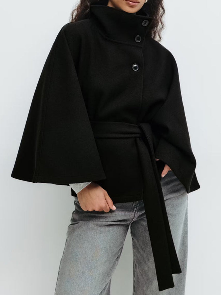 Solid color cape stand-up collar button-down belt trench coat Secondary image