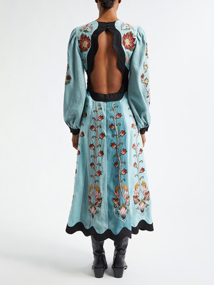 Printed Deep-V Lantern-Sleeve Cut-Out Backless Midi Vacation Dress