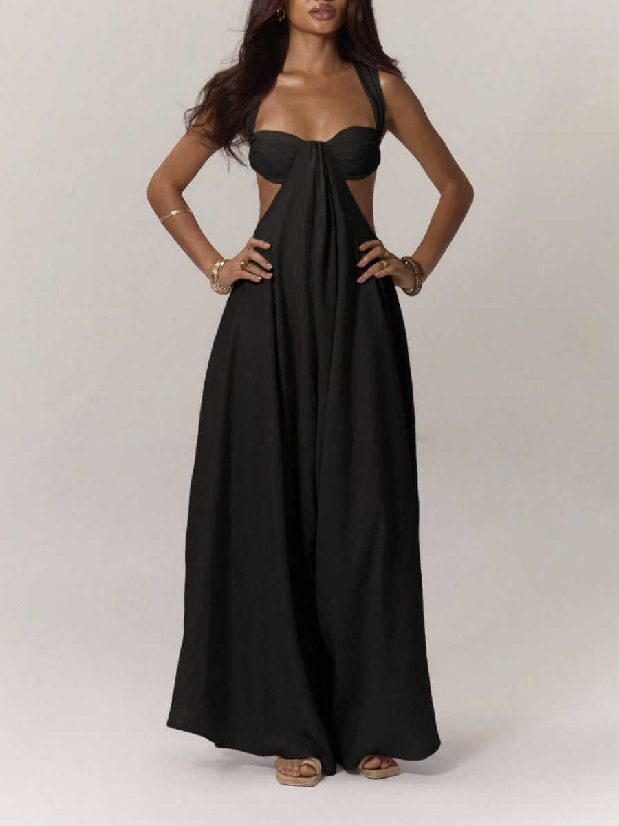 Solid Color Halter Cutout A-Line Maxi Gown Summer Resort Photoshoot Dress