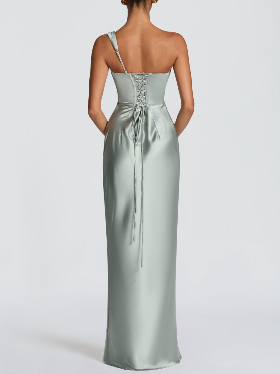 One Shoulder Cowl Neck Boned Corset Ruched Satin Mermaid Maxi  Dress