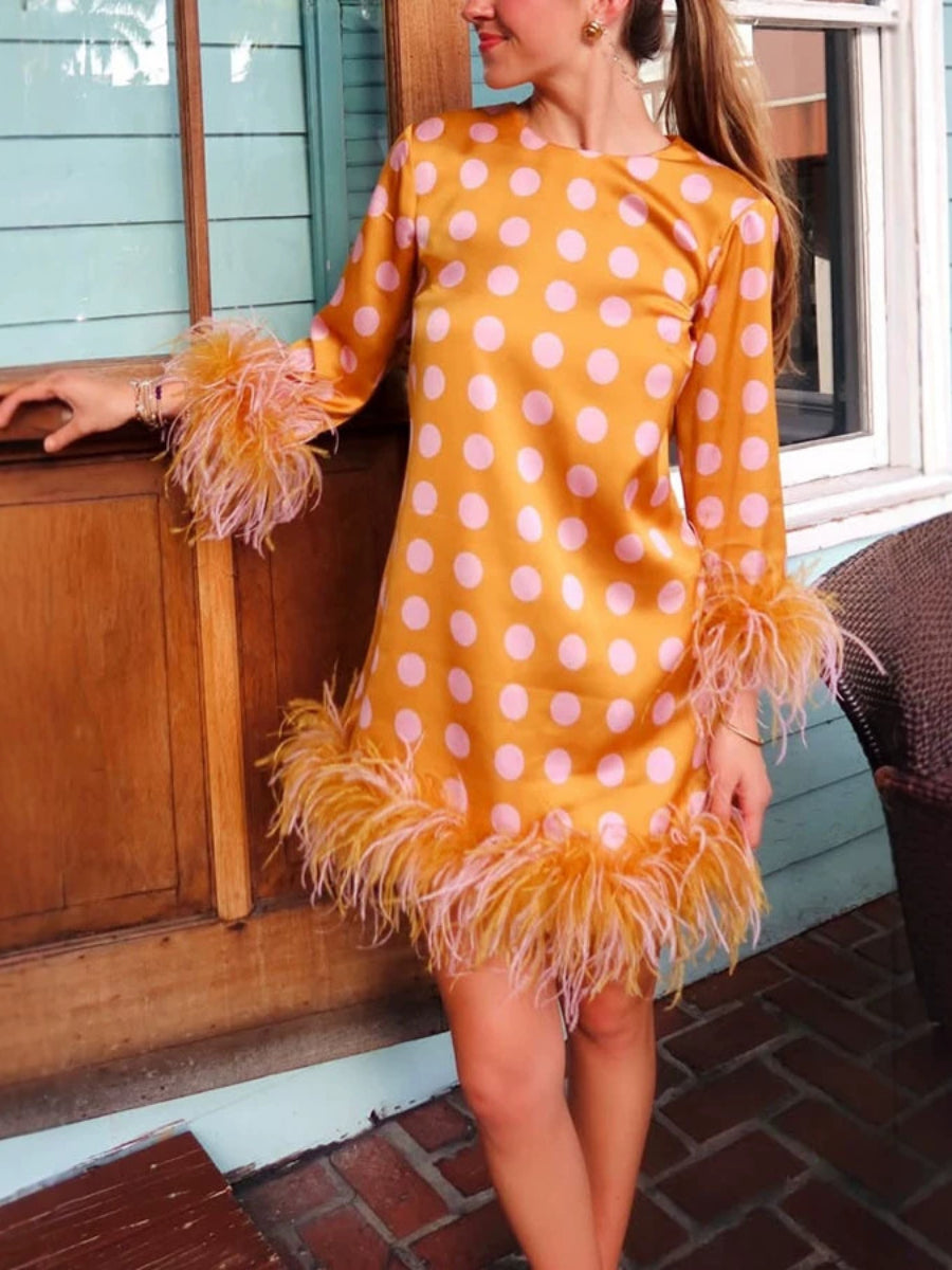 Orange Pink Polka Dot Long Sleeve Ombre Feather Fringe Mini Satin Dress
