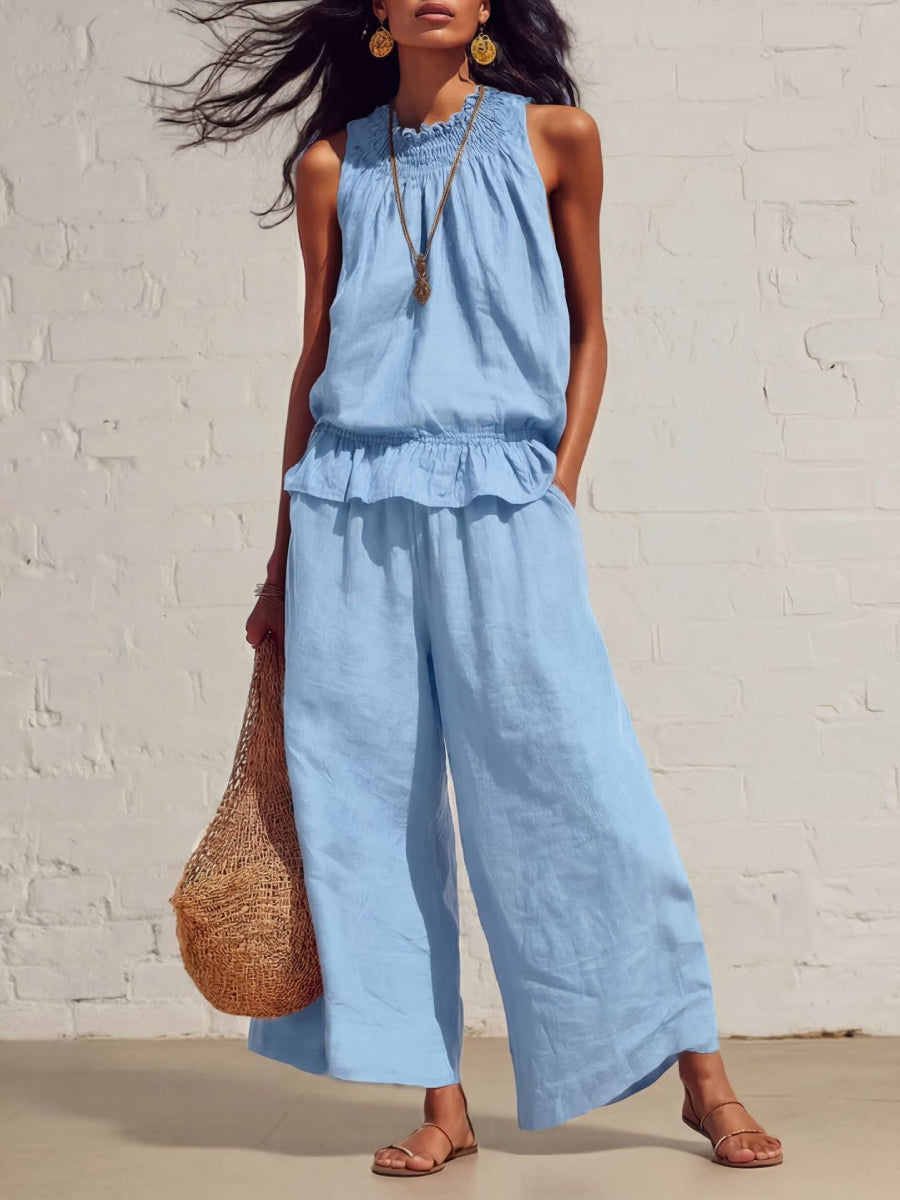 Linen Smocked Neck Ruffle Hem Tank Top Wide Leg Pants Two Piece Matching Set