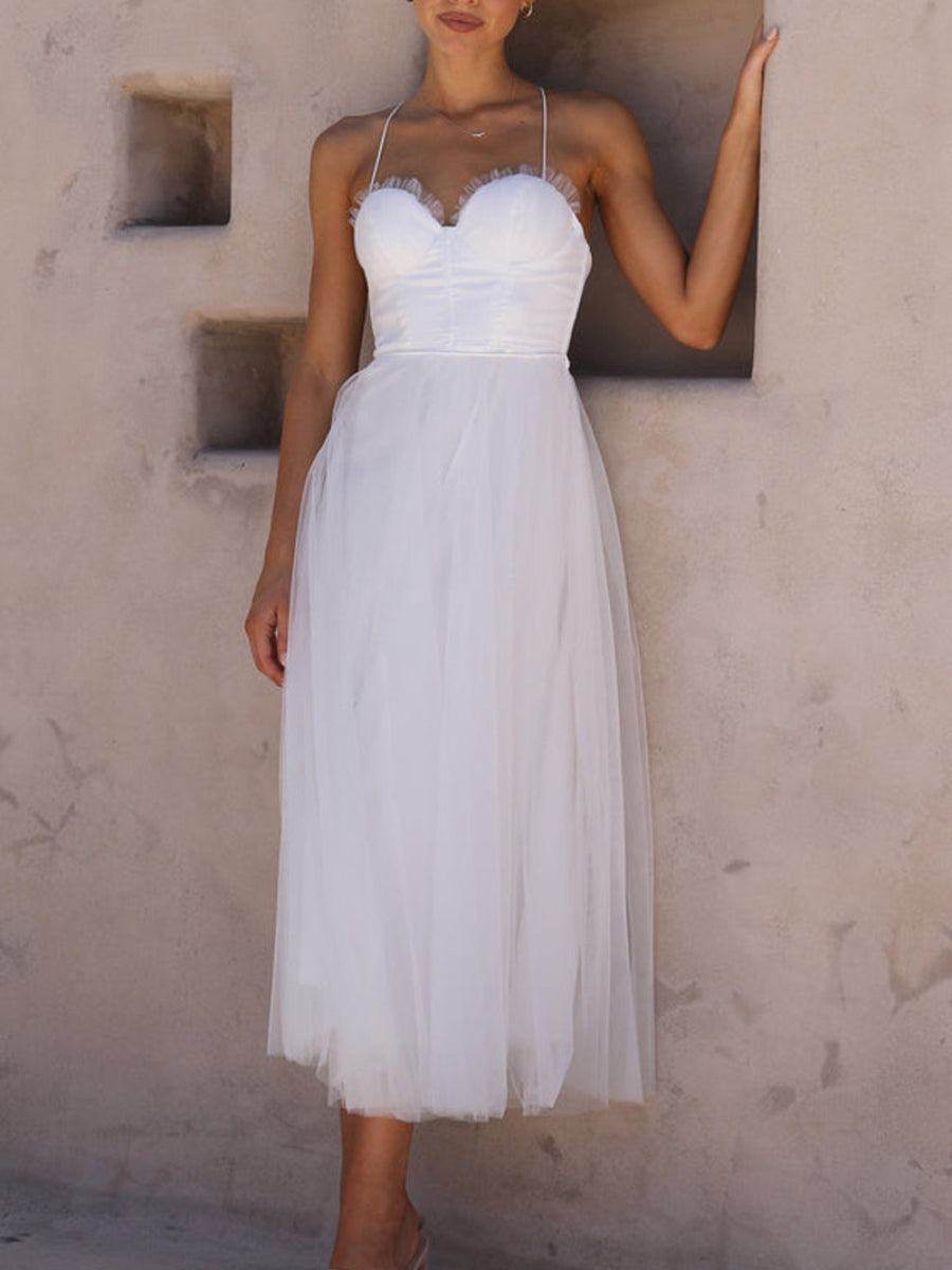 Romantic Ruched Sweetheart Thin Strap Multi-Layer Tulle Midi Dress