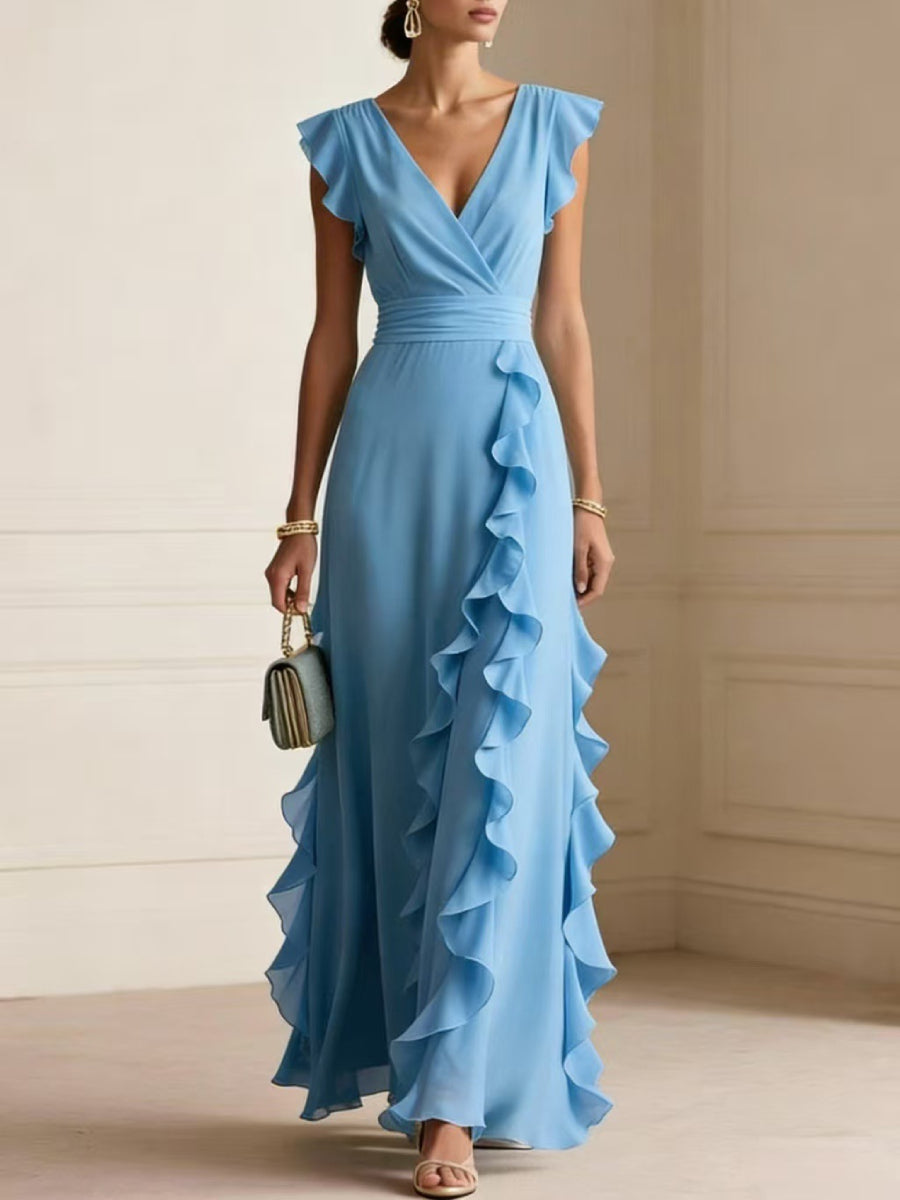 Chiffon Wrap V Neck Ruffle Cap Sleeve High Waist Side Ruffle Maxi Dress