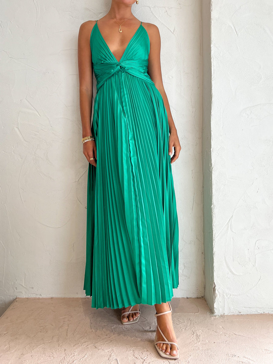 Satin Spaghetti Strap Deep V Twist Waist Pleated Maxi Dress