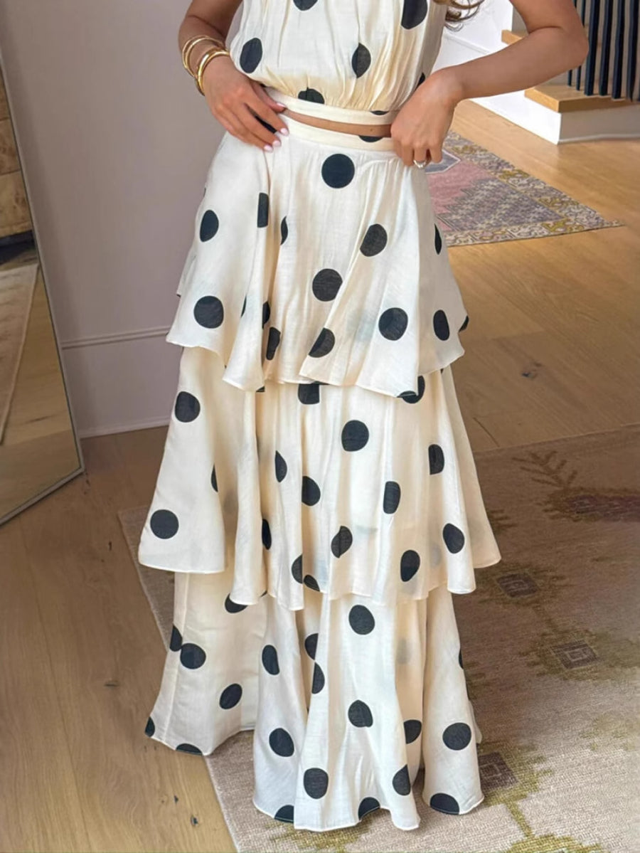 Polka dot print halter neck sleeveless top and tiered skirt set