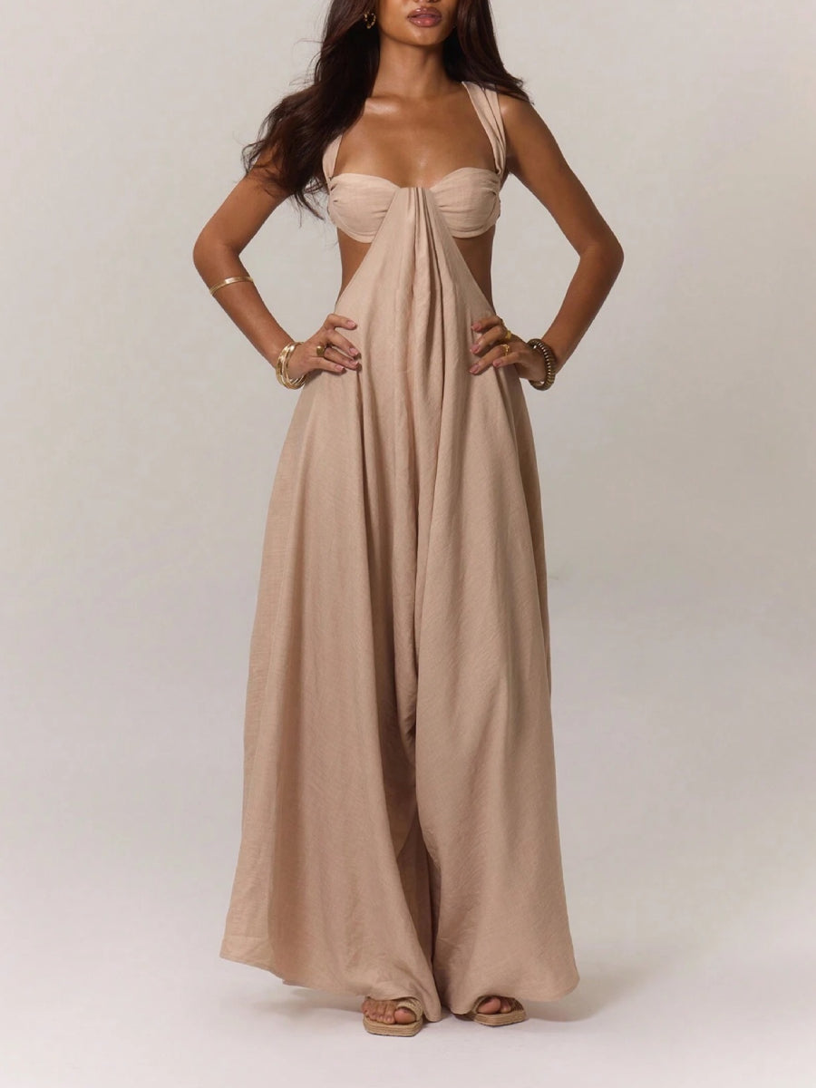 Solid Color Halter Cutout A-Line Maxi Gown Summer Resort Photoshoot Dress