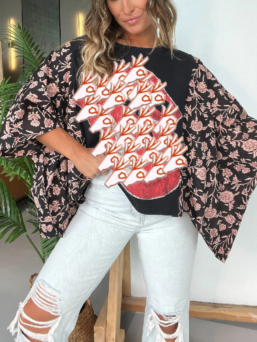 Printed round neck loose casual batwing sleeve top
