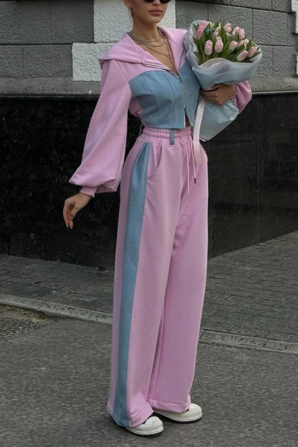 Denim Patchwork Hoodie and Pants Set Secondary image